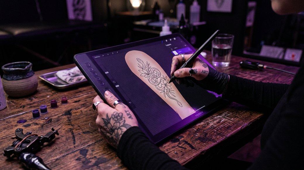 A tattoo artist drawing a floral sleeve stencil on a graphics tablet at a workbench