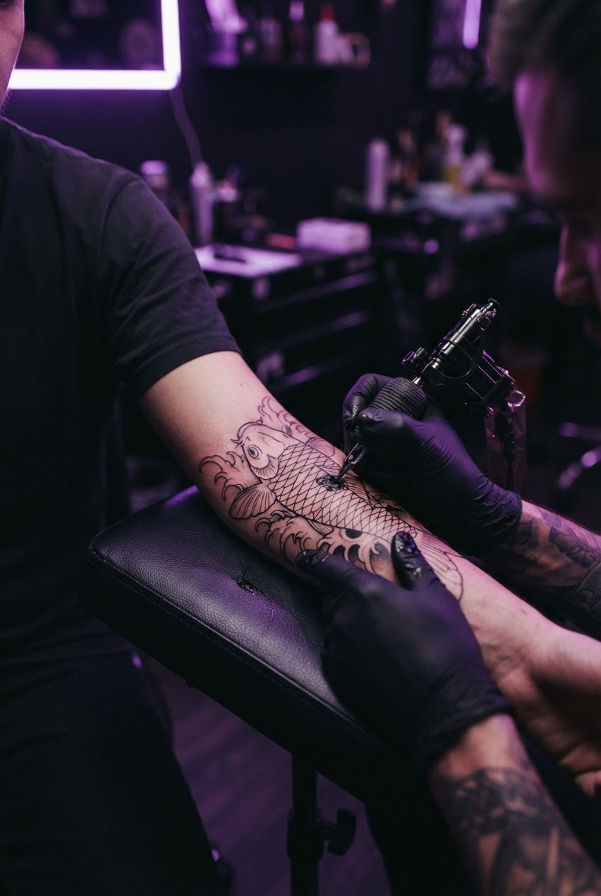A tattoo artist in black gloves outlining a koi fish on a client's forearm in a purple-lit studio