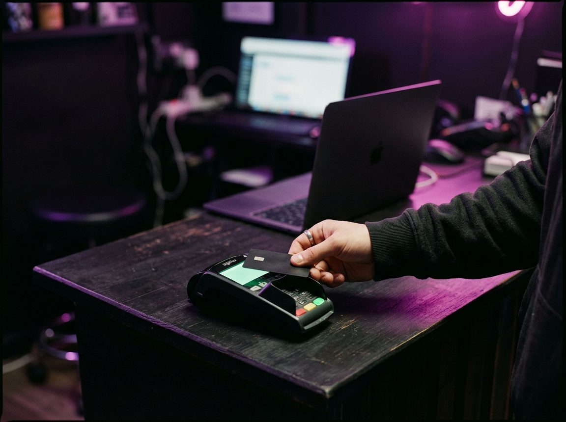 A hand tapping a bank card on a payment terminal at a studio counter, with a laptop open behind it under purple lighting