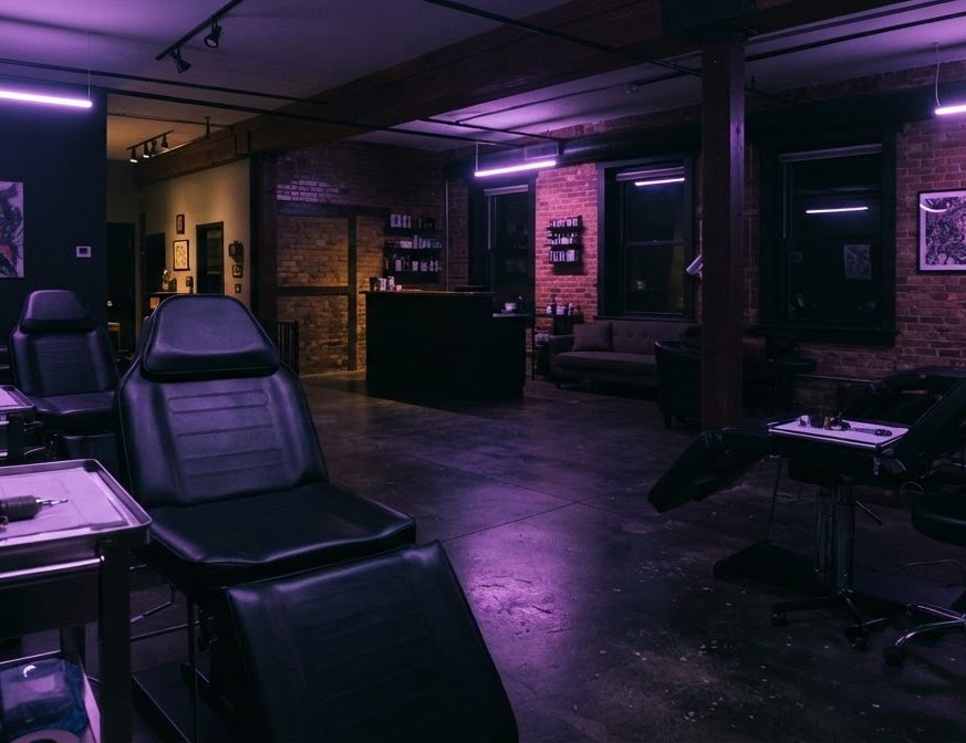 An empty tattoo studio floor with black treatment chairs under purple strip lights, a brick wall behind