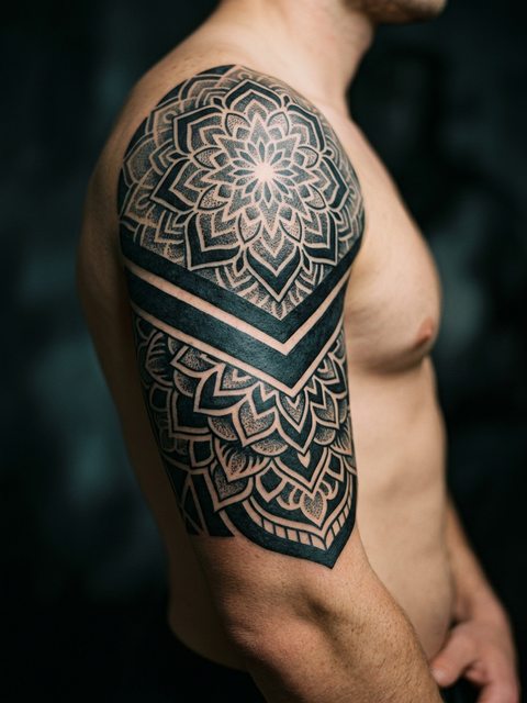 A black mandala pattern with bands of geometric ornament tattooed across a shoulder and upper arm