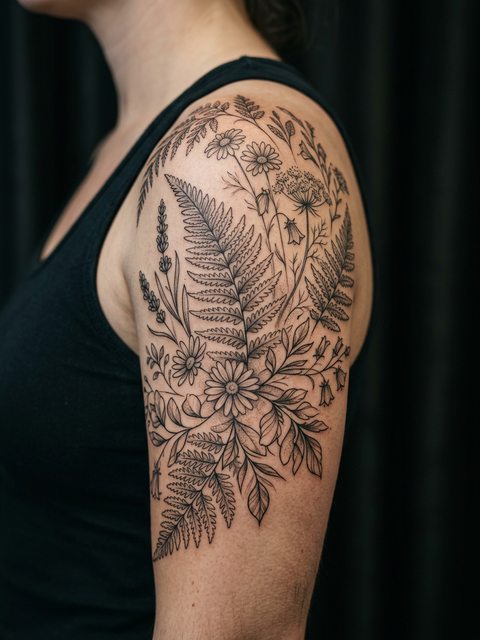 A black and grey fern and wildflower design tattooed around an upper arm