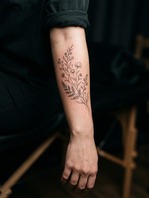 A fine line sprig of wildflowers tattooed down a forearm