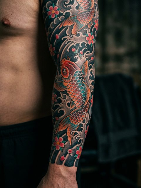 A Japanese koi fish among waves and red blossoms tattooed along a full arm sleeve