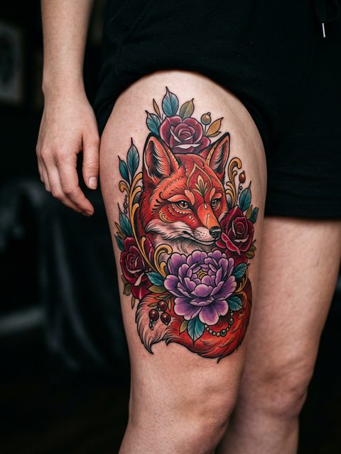 A neo-traditional red fox among purple peonies and roses tattooed on a thigh