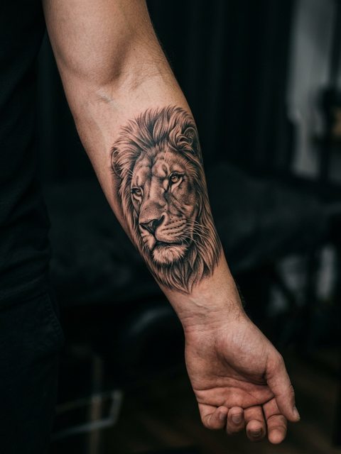 A realistic lion's face in black and grey shading, tattooed on a man's forearm