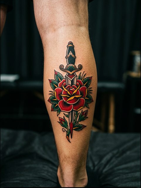 A traditional tattoo of a red rose over a dagger on a calf